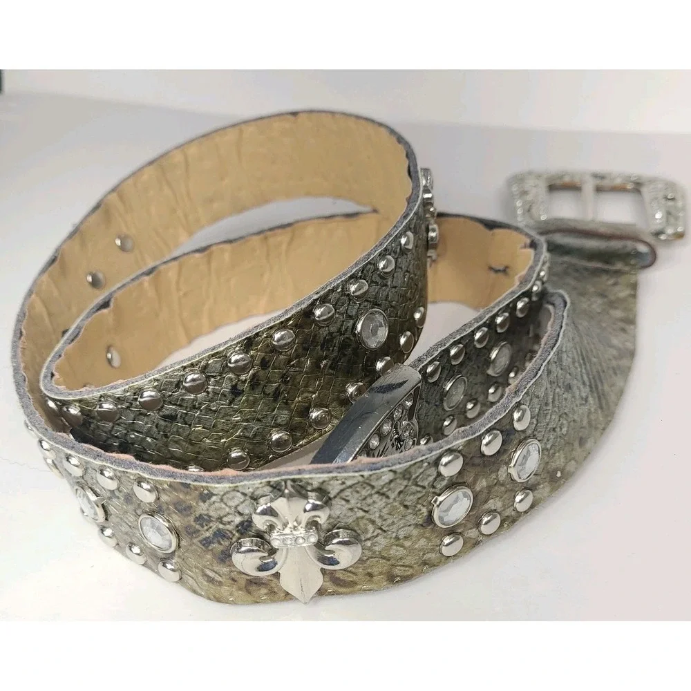 Western Rhinestone Studded Belt Snake Print Fleur De Lis Womans Large Bling